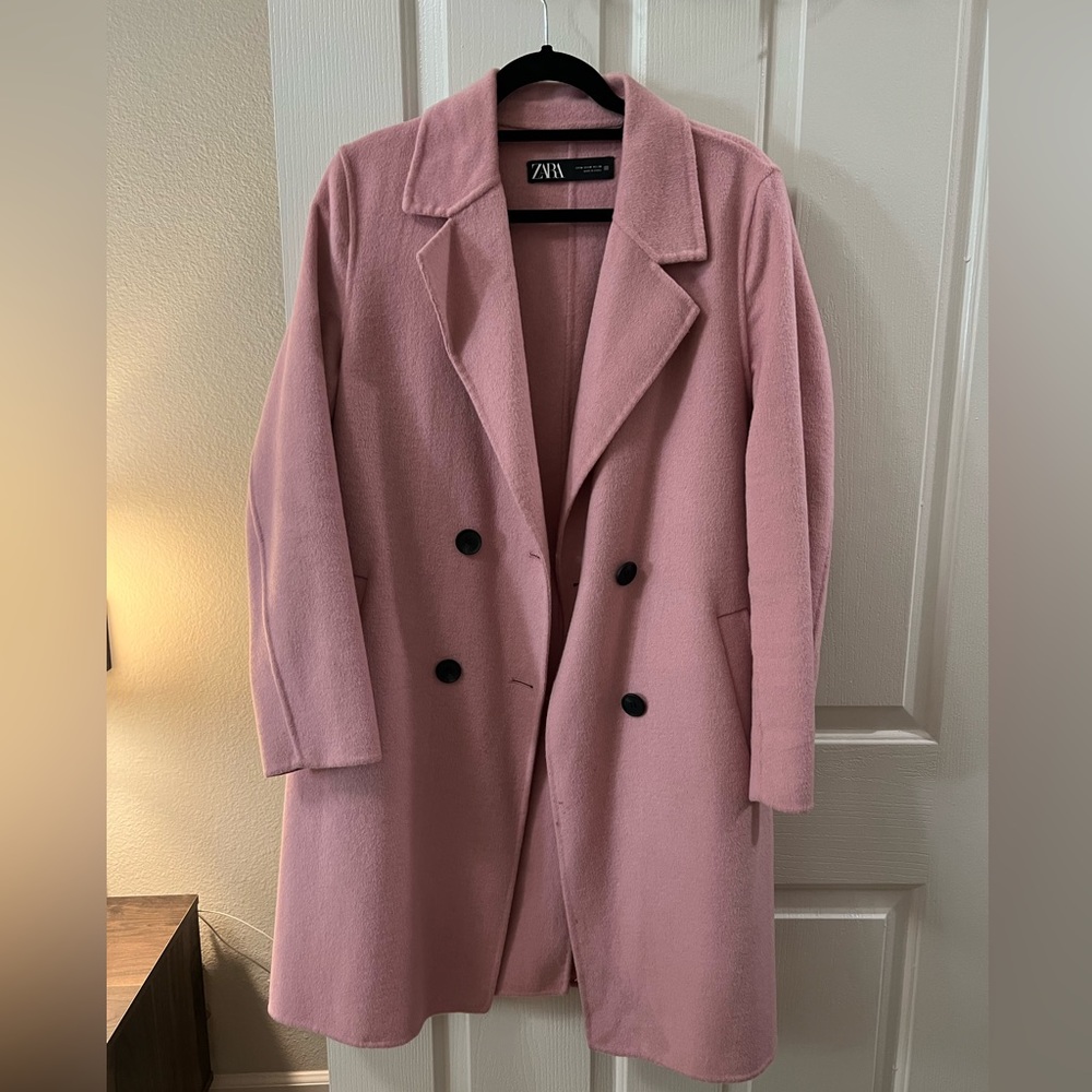 Zara Pink Double-Breasted Wool-Blend Coat